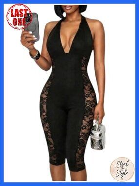 Lace Halter Jumpsuit Sexy Mesh Capri Club Wear